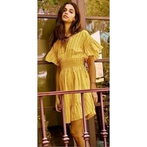 SAYLOR Yellow Metallic Striped Dress Fluttery Smocked Mini Gold Party‎ Medium